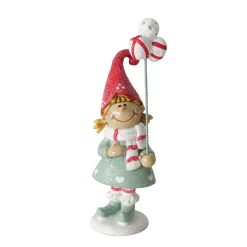 Wichtel Jingle mit Ballon, Weihnachtswichel Mädchen mit roter Mütze und grünem Kleid, Boltze Home Collections