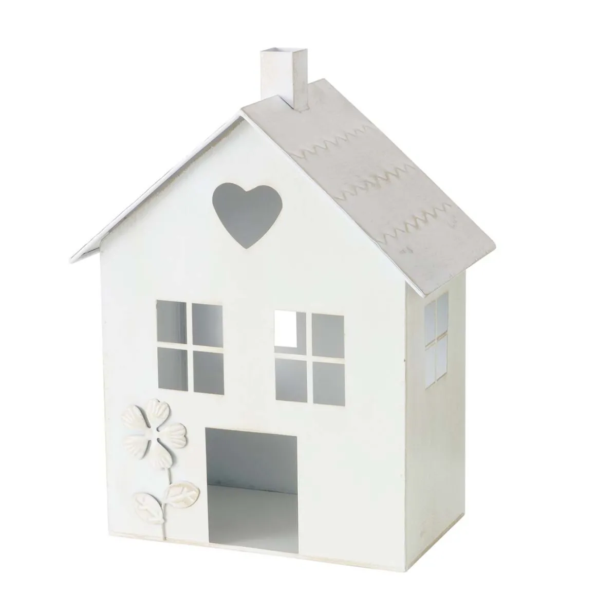 Windlicht Haus Mariele, Metallhaus weiß mit Herz und Blume, 27x35cm, Boltze Home Collections