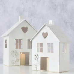 Windlicht Haus Mariele, Metallhaus weiß mit Herz und Blume, 27x35cm, Boltze Home Collections