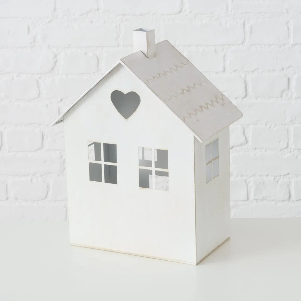 Windlicht Haus Mariele, Metallhaus weiß mit Herz und Blume, 27x35cm, Boltze Home Collections