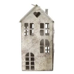 Windlicht Haus mit Herz, Metallhaus grau antik used look, 17x36cm