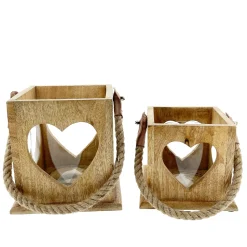 Windlicht Herz Natur, Holzlaterne mit Jutegriff, 13x12cm, Mangoholz
