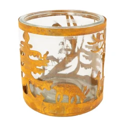 Windlicht Hirsche, Rostwindlicht Tiere im Wald, 12x12cm, Edelrost