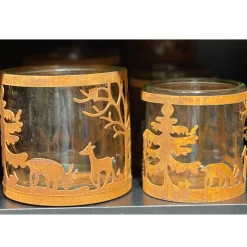 Windlicht Hirsche, Rostwindlicht Tiere im Wald, 12x12cm, Edelrost