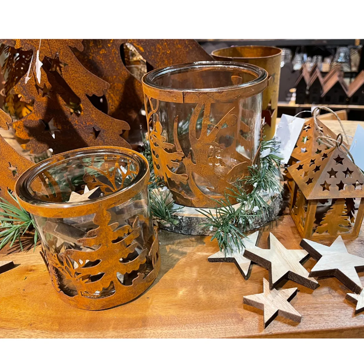 Windlicht Hirsche, Rostwindlicht Tiere im Wald, 12x12cm, Edelrost