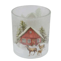 Windlicht Hüttenzauber, Glas Windlicht mit Berghütte, Hirsch und Rehe im Winterwald, 13cm