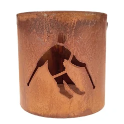 Windlicht Skifahrer, Windlicht mit Henkel aus Rost, 13x12cm