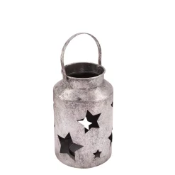 Windlicht Sterne, Windlicht mit Henkel, silber antik, 25cm, Metall