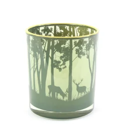 Windlichtglas Wald, Hirsche im Wald, grün, 8x10cm, Glas
