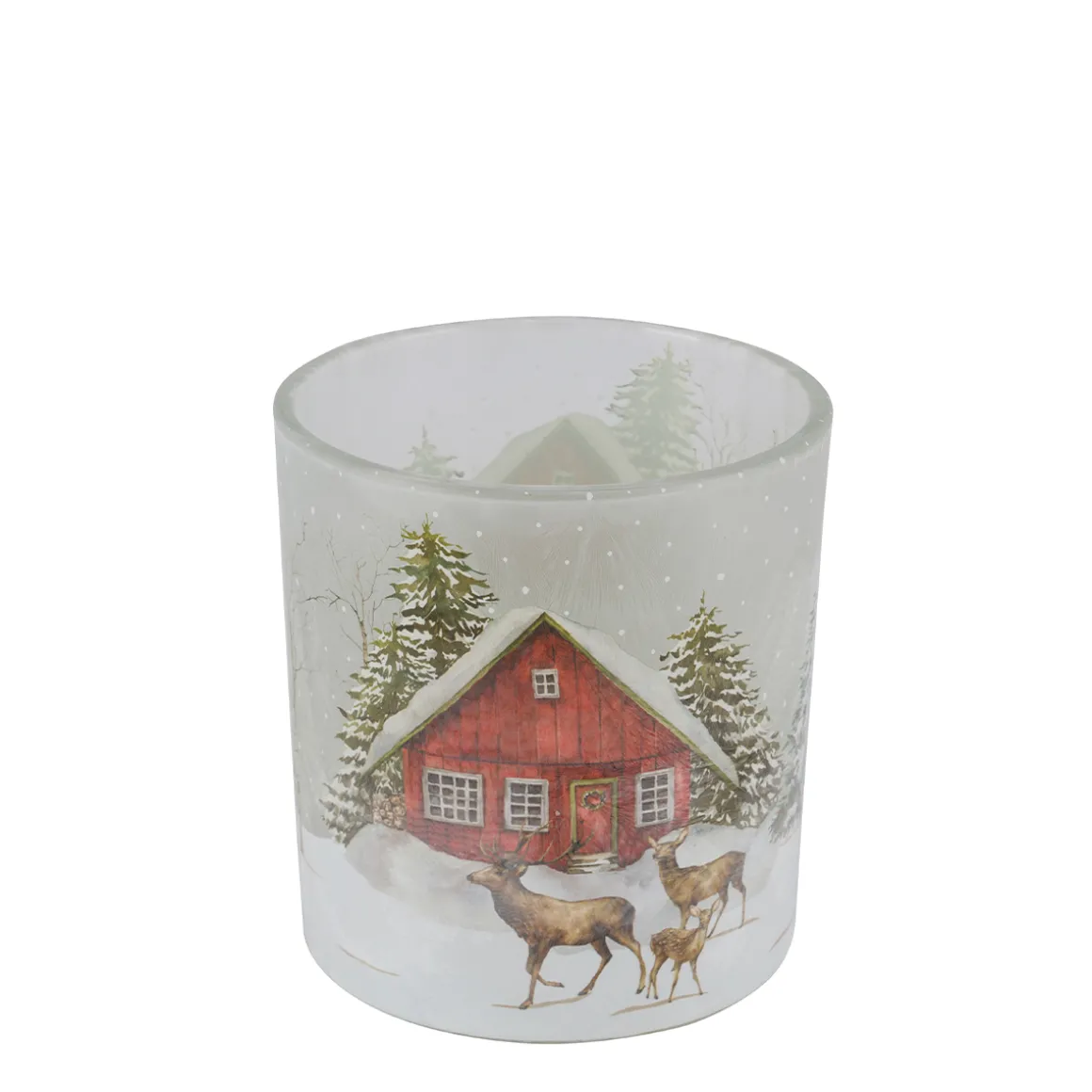 Windlicht Hüttenzauber, Glas Windlicht mit Berghütte, Hirsch und Rehe im Winterwald, 7cm