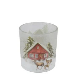 Windlicht Hüttenzauber, Glas Windlicht mit Berghütte, Hirsch und Rehe im Winterwald, 7cm