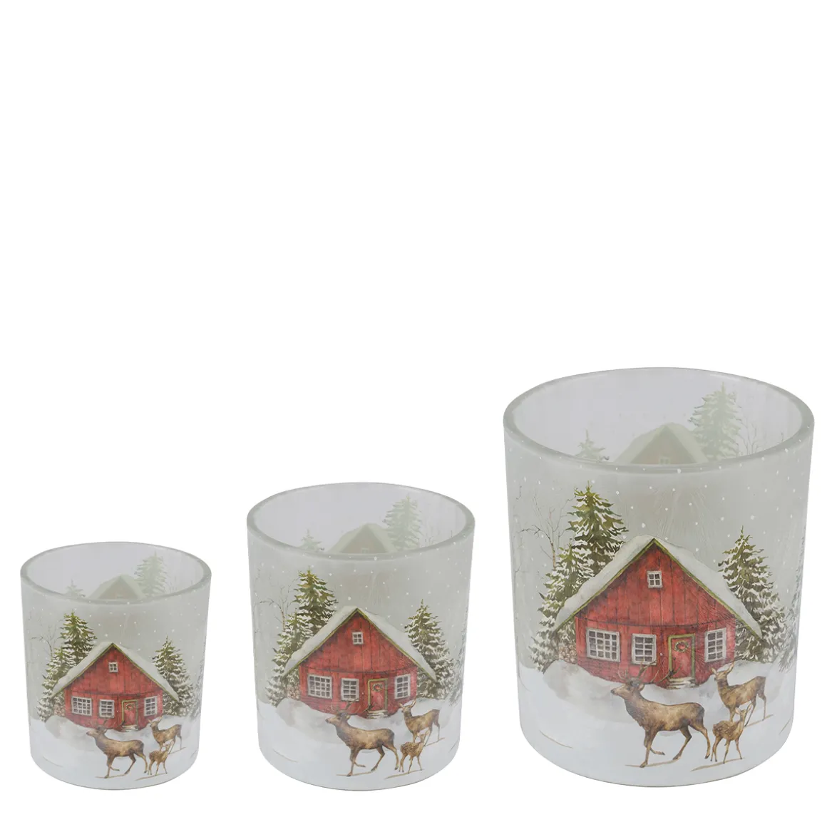 Windlicht Hüttenzauber, Glas Windlicht mit Berghütte, Hirsch und Rehe im Winterwald, 7cm