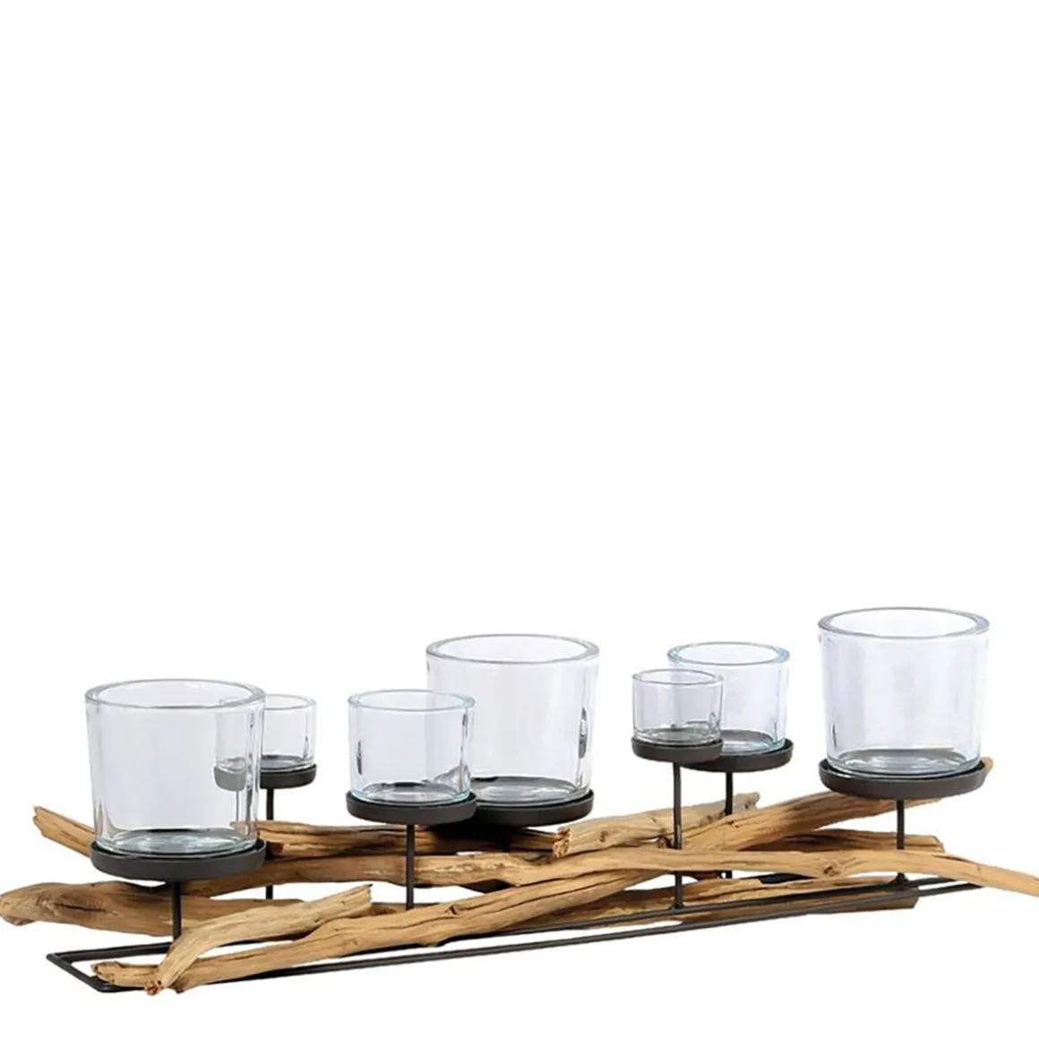 Windlicht Lincoln Schwemmholz, Naturholzleuchter mit 7 Gläser, 80cm, WMG Grünberger