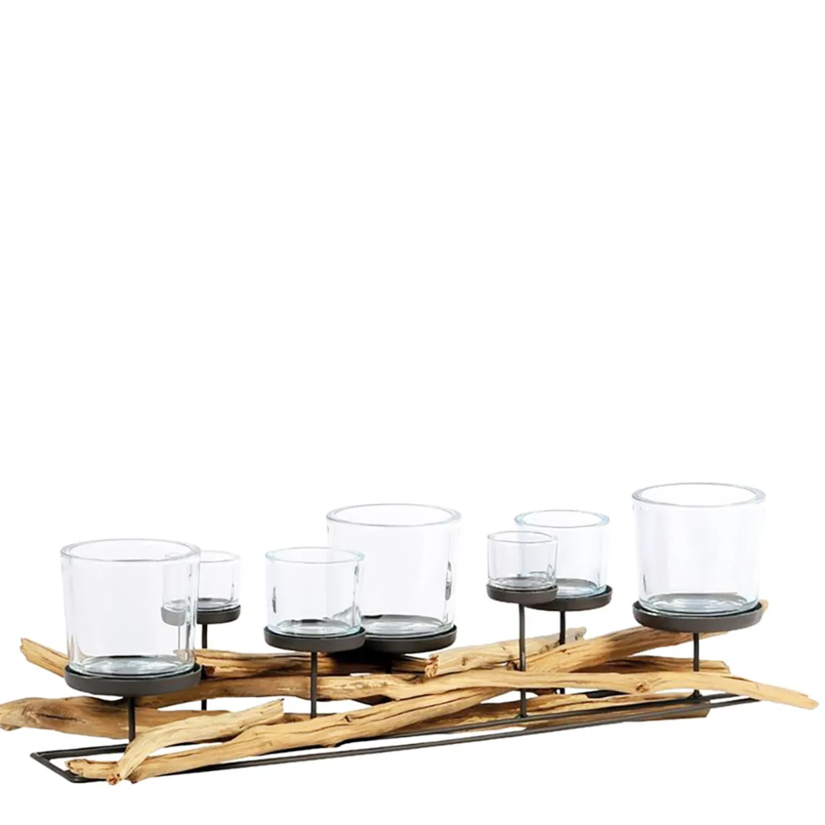 Windlicht Lincoln Schwemmholz, Naturholzleuchter mit 7 Gläser, 80cm, WMG Grünberger