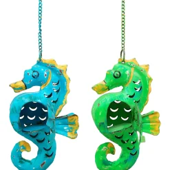 Windlicht Seepferdchen zum Hängen grün, Seepferdchen mit kleinem Türchen, 22cm, Metall