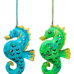 Windlicht Seepferdchen zum Hängen grün, Seepferdchen mit kleinem Türchen, 22cm, Metall