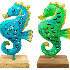 Windlicht Seepferdchen blau, Seepferdchen mit kleinem Türchen, 24cm, Metall