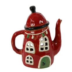 Windlicht Teekanne rot, lustiger Teekessel mit Fenster, Türe und Lichterkette