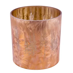 Windlicht Winterwald kupfer, Glaswindlicht mit Tannenbaum-Motiv, durchscheinend, 20cm