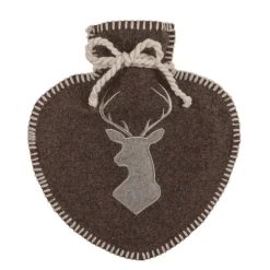 Wärmflasche Landhaus Hirsch, Herzform, Filzbezug mit Hirschmotiv und Kordel, braun-grau