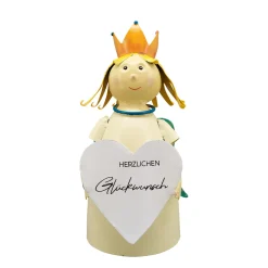 Zaunhocker Engel Schutzengel, Metallengel mit Krone und Schild: Herzlichen Glückwunsch, 21cm