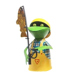 Zaunhocker Frosch Angler, Metallfrosch mit Angel und Fisch, gelbe Schürze, 25cm