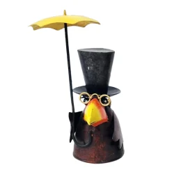 Zaunhocker Vogel, Rabe Rudi mit Zylinder und Regenschirm, 17cm, Metall