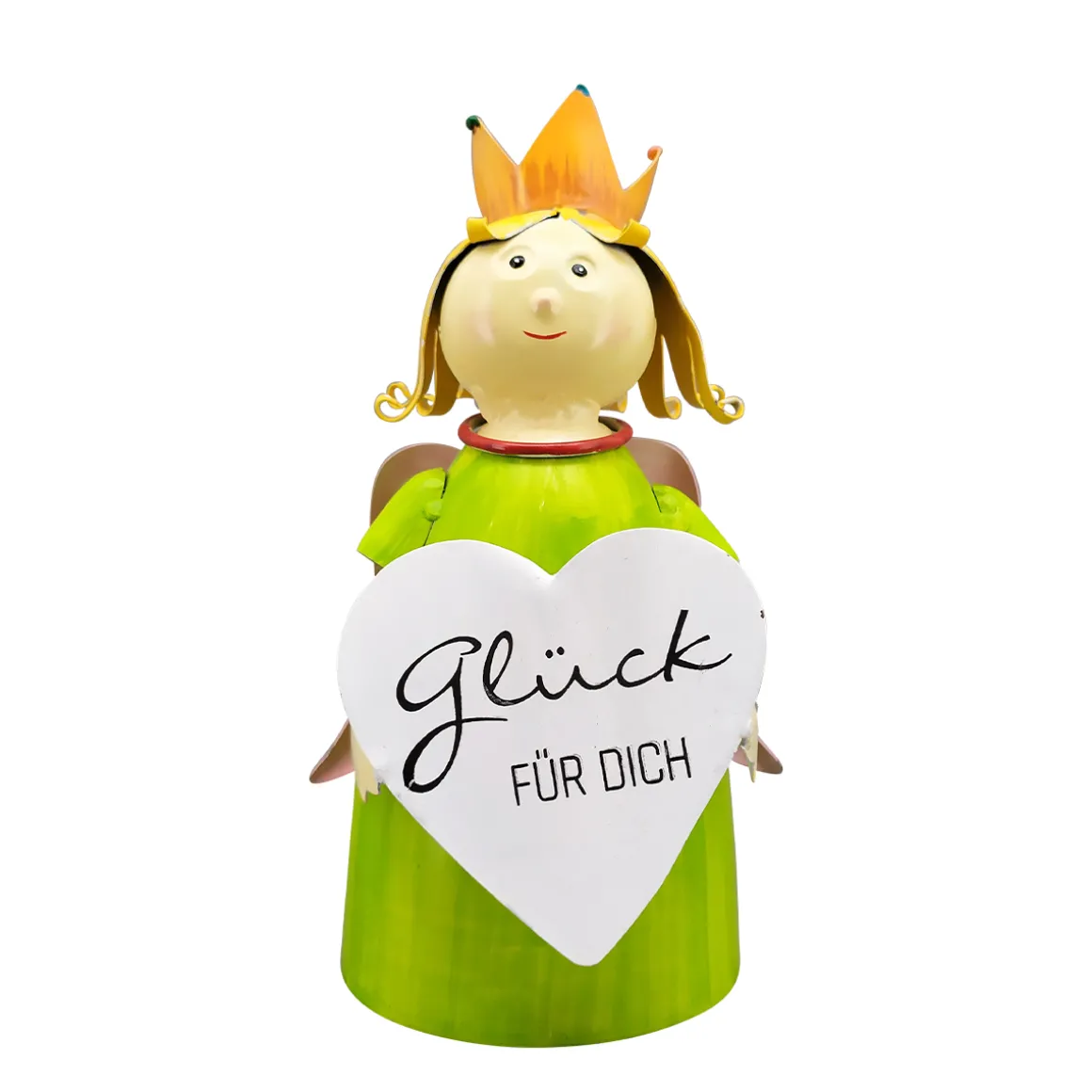 Zaunhocker Engel Schutzengel, Metallengel mit Krone und Schild: Glück für dich, 21cm