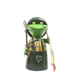 Zaunhocker Frosch Angler, Metallfrosch mit Angel und Fisch, grüne Schürze, 25cm