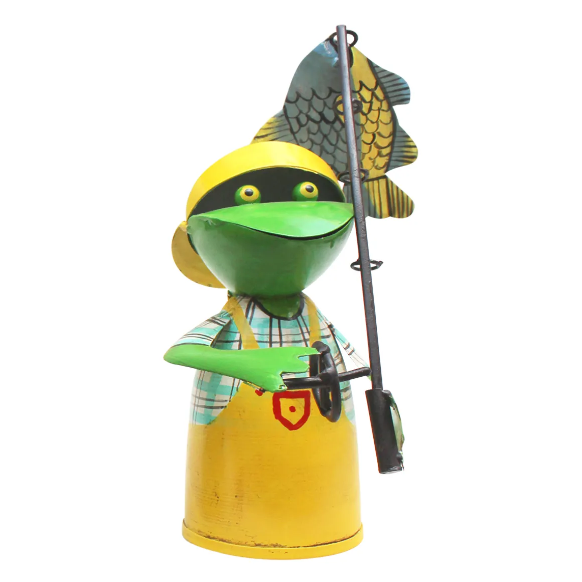 Zaunhocker Frosch Angler, Metallfrosch mit Angel und Fisch, gelbe Schürze, 25cm