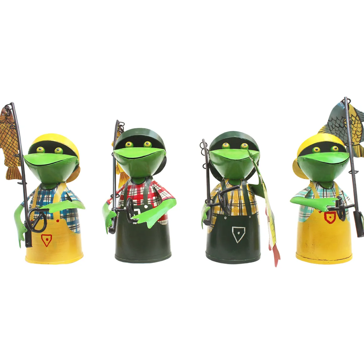 Zaunhocker Frosch Angler, Metallfrosch mit Angel und Fisch, gelbe Schürze, 25cm