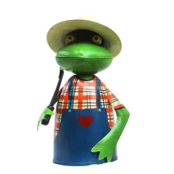 Zaunhocker Frosch Gärtner mit Stab, Metallfrosch in Gärtnerschürze und Sonnenhut, 21cm