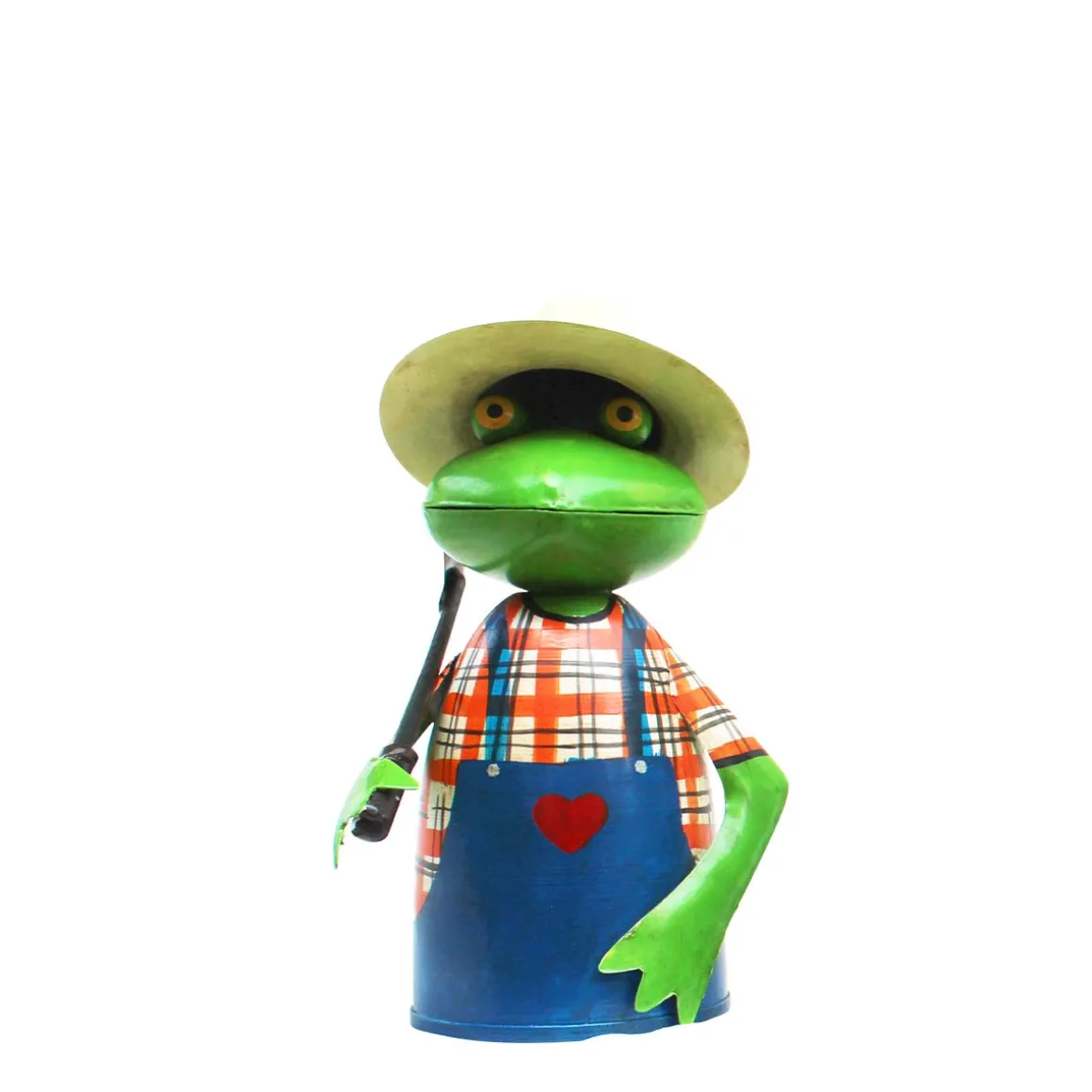 Zaunhocker Frosch Gärtner mit Stab, Metallfrosch in Gärtnerschürze und Sonnenhut, 21cm