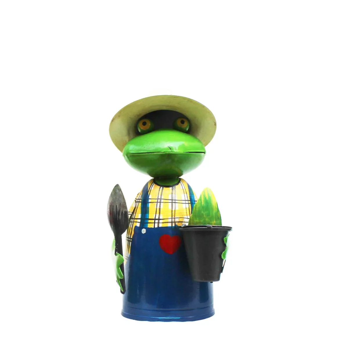 Zaunhocker Frosch Gärtner mit Pflanze und Schaufel, Metallfrosch in Gärtnerschürze und Sonnenhut, 21
