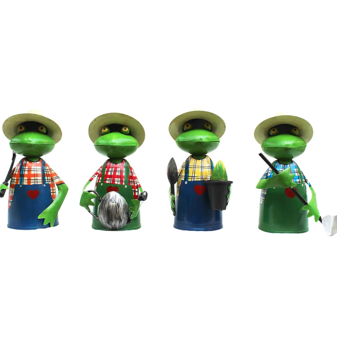 Zaunhocker Frosch Gärtner mit Pflanze und Schaufel, Metallfrosch in Gärtnerschürze und Sonnenhut, 21