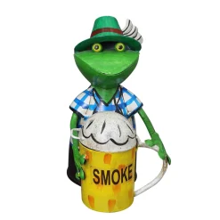 Zaunhocker Frosch Landhaus, Metallfrosch in Lederhose mit Aschenbecher Bierkrug, 22cm