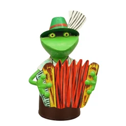 Zaunhocker Frosch Landhaus, Metallfrosch in Lederhose mit Akkordeon, 20cm