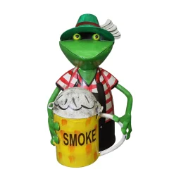 Zaunhocker Frosch Landhaus, Metallfrosch in Lederhose mit Aschenbecher Bierkrug, 22cm