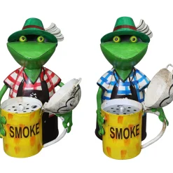 Zaunhocker Frosch Landhaus, Metallfrosch in Lederhose mit Aschenbecher Bierkrug, 22cm