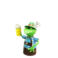 Zaunhocker Frosch Landhaus, Metallfrosch in Lederhose mit Schild Biergarten, 20cm