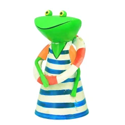 Zaunhocker Frosch mit Badekleid blau geringelt, Metallfrosch mit Schwimmreifen, 20cm