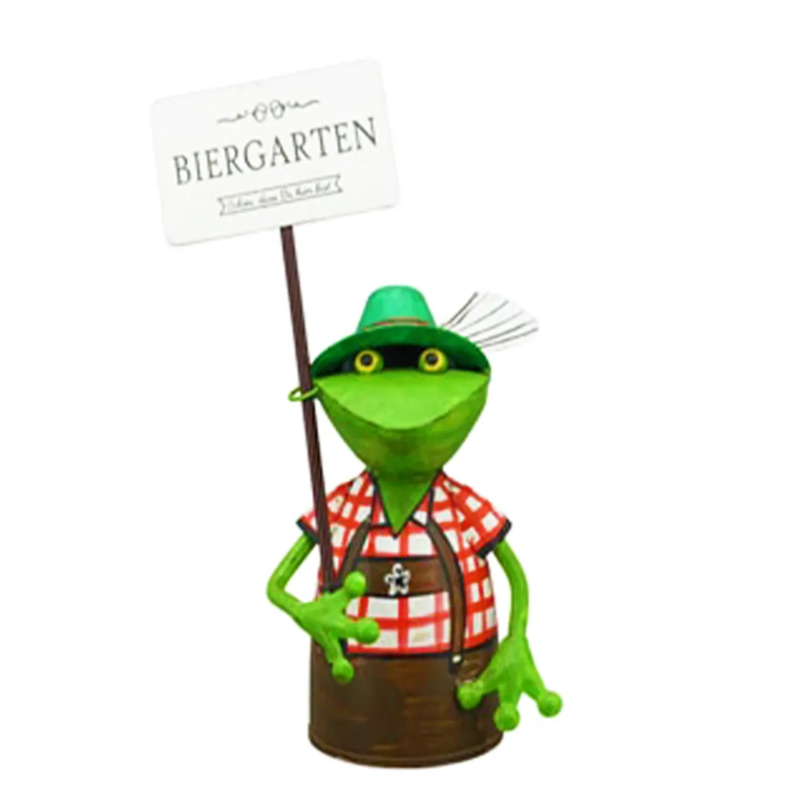 Zaunhocker Frosch Tracht, Metallfrosch in Lederhose mit Schild Biergarten, 30cm