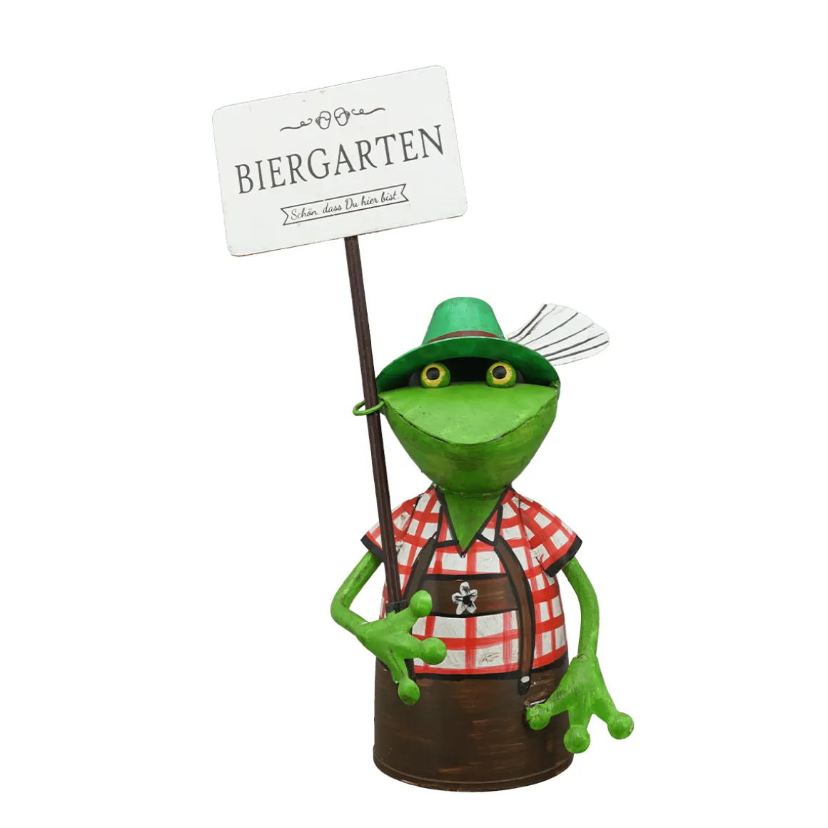 Zaunhocker Frosch Tracht, Metallfrosch in Lederhose mit Schild Biergarten, 30cm