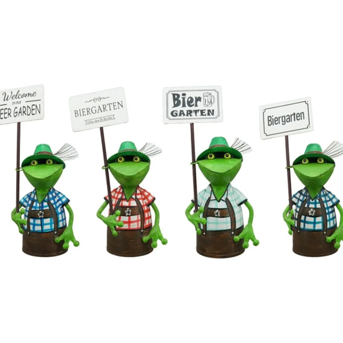 Zaunhocker Frosch Tracht, Metallfrosch in Lederhose mit Schild Biergarten, 30cm