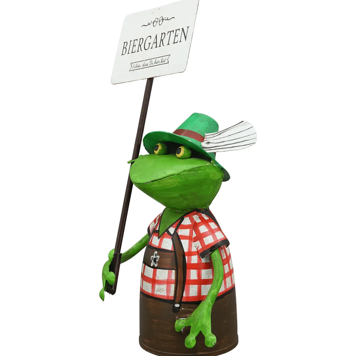Zaunhocker Frosch Tracht, Metallfrosch in Lederhose mit Schild Biergarten, 30cm