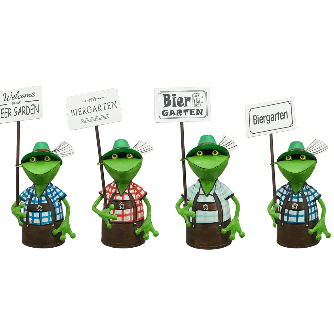 Zaunhocker Frosch Tracht, Metallfrosch in Lederhose mit Schild Biergarten, 30cm