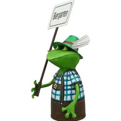 Zaunhocker Frosch Tracht, Metallfrosch in Lederhose mit Schild Biergarten, 30cm