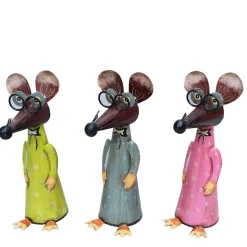 Zaunhocker Maus mit langer Nase und Brille, Metallmaus mit graublauem Kleid, 30cm